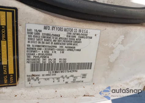 2001 Lincoln Town Car Executive from USA, damaged, VIN 1L1FM81W51Y642990